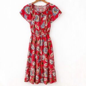 Loft Red Floral Midi Dress Medium Tiered Ruffle Office Career Church Party